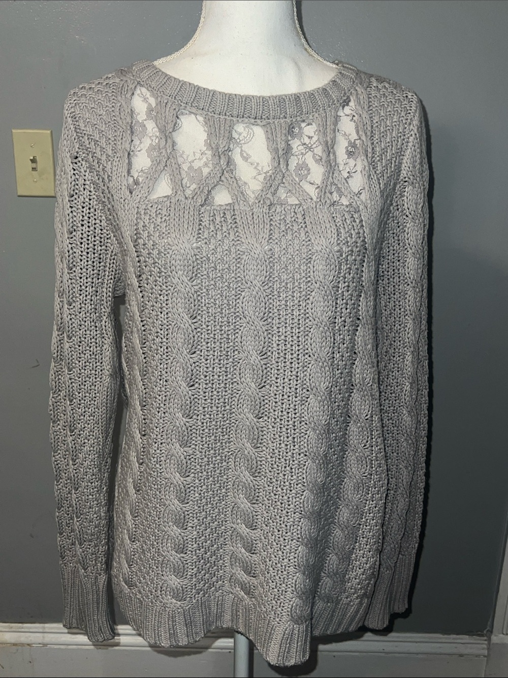 Lauren Conrad Women's Light Gray Cable Knit Sweater with Lace Yoke